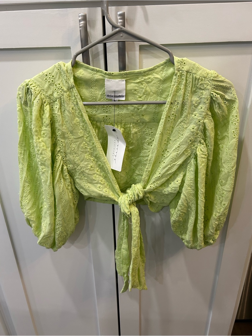 American Threads Lime Eyelet Tie-Back Peasant Blouse